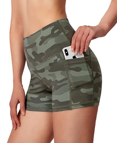 Soothfeel Women's High Waist Yoga Shorts with Side Pockets Tummy Control Running Gym Workout Biker Shorts for Women 5" /3"(3" Green Camo, XXL) - Thumbnail 2