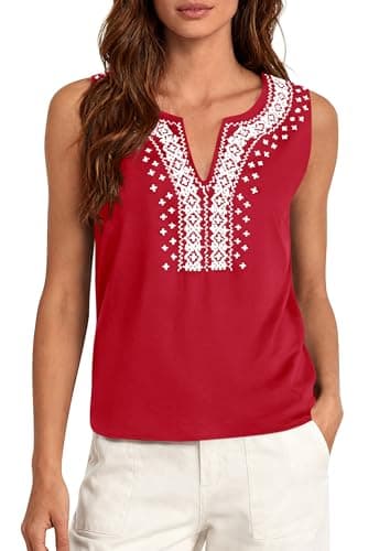 PRETTYGARDEN Womens Tank Tops 2026 Summer Causal V Neck Sleeveless Shirts Floral Print Embroidered Beach Vacation Boho Top(Red,Large) - Image 1