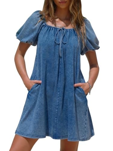 EXLURA Womens Summer Denim Short Puff Sleeve Dresses Knit Loose Plus Size Short Mini Dress 2026 Trendy Spring Outfits - Image 1