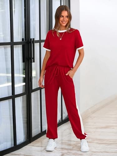 MASCOMODA Womens 2 Piece Outfits 2026 Summer Tracksuit Sets Short Sleeve Tops Travel Long Pants Jogger Lounge Set(Red,Large) - Thumbnail 6