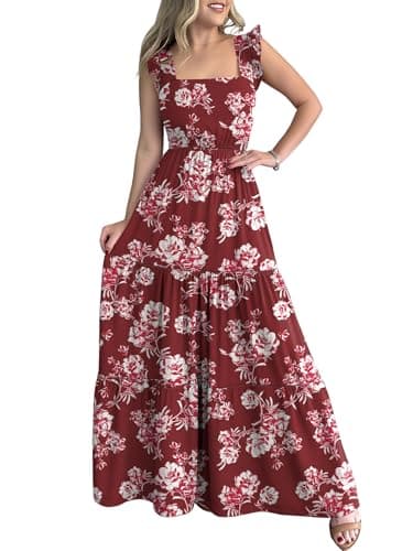 Prinbara Womens Maxi Dress Summer Casual Sleeveless Square Neck Flowy Ruffle Backless Beach 2026 Vacation Boho Long Sundress Red Floral Small - Image 1