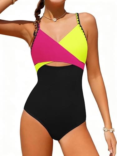 AMAWMW Girls One Piece Swimsuits Contrast Color Cross Bathing Suit Adjustable Straps Teen Swimwear Black 15-16Y - Image 1