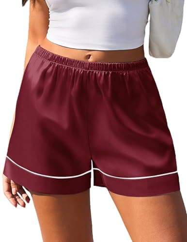 Ekouaer Satin Silk Shorts for Women 2026 Casual Summer Elastic Waist Lounge Pajama Pj Bottoms with Pockets, Wine Red M - Image 1