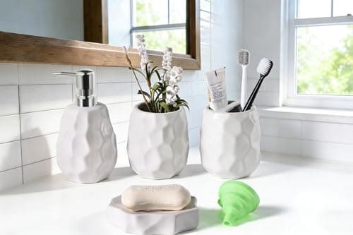 Ceramic Bathroom Accessories Set 4 PCS,Bathroom Toothbrush Holder Set,Soap and Toothbrush Holder Set,Include Toothbrush Holder,Soap Dispenser,Tumbler,Soap Dish,Bathroom Sets Decor Organizer (White) - Thumbnail 5