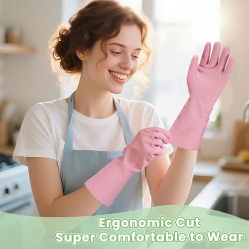 Jsocoah Rubber Kitchen Dishwashing Gloves, 5 Pairs Eusable Cleaning Gloves For Washing Dishes, Bathroom, Pet care, Garden Non-Slip Durable Rubber Gloves For Daily Use (Medium) - Thumbnail 3