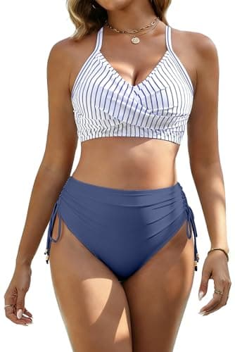 GKBK Womens High Waisted Bikini Sets Drawstring Tummy Control Swimsuits Crisscross Tie Back Bathing Suit Stripe Blue L - Image 1