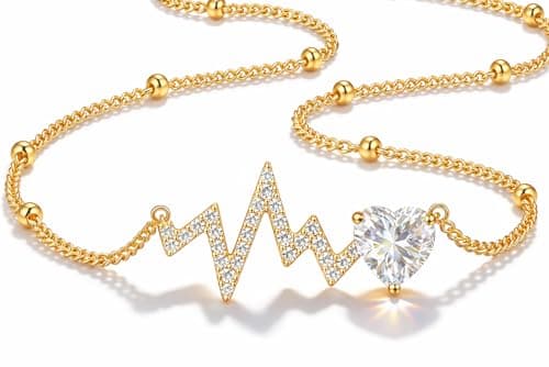 Helirose Heartbeat Heart ECG Pendant Necklace for Women, Dainty 18K Gold Plated Jewelry, Hand-set Cubic Zirconia, 19" Adjustable Chain, Mother's Day, Graduation, Anniversary, Daughter & Birthday Gifts (White) - Image 1