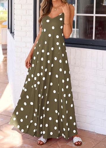 KIRUNDO Boho Maxi Dress for Women Summer Spaghetti Strap V Neck Polka Dot Flowy Long Beach Vacation Sundress with Pockets(Army Green, Small) - Thumbnail 4