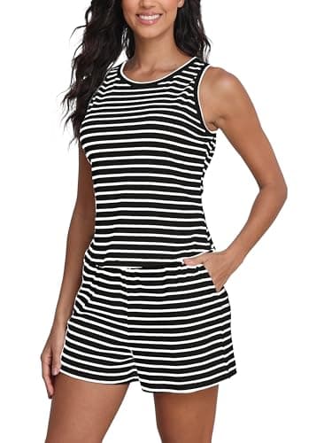 COCOMARTS Womens 2 Piece Sets Striped Sleeveless Tank Tops Matching Shorts Casual Loungewear Pajama Sets Fashion Outfits 2025 Black Small - Image 1