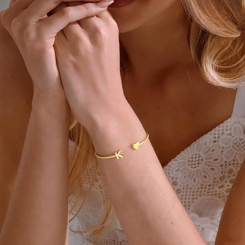 Turandoss Gold Initial Heart Bracelets for Women - Dainty 14K-Gold-Plated Letter B Heart Cuff Bangle Bracelets for Women, Gold Jewelry Birthday Gifts - Thumbnail 3