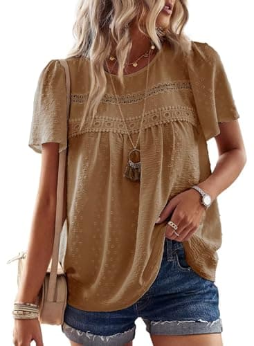 Falechay Plus Size Tops for Women Keyhole Button with Elastic Loop Dressy Casual Crewneck Flowy Blouses Summer Boho Shirts Mocha 3XL - Image 1