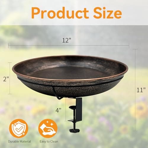 OUISJYER Deck Mounted Bird Bath, Easy to Clean12 Detachable Bath Bowl, Metal Birdbath for Outside with Sturdy Adjustable Clamp for Railing Balcony Fence Outdoor Decor 0.7 Gallon - Thumbnail 3