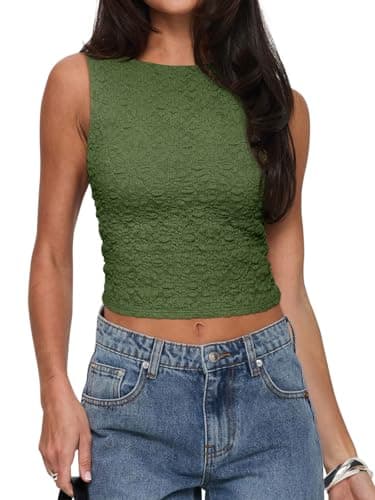 REORIA Women's Summer Sexy Open Back High Neck Sleeveless Tank Top Double Lined Y2k Lace Twist Backless Crop Tops Dark Green X-Large - Image 1