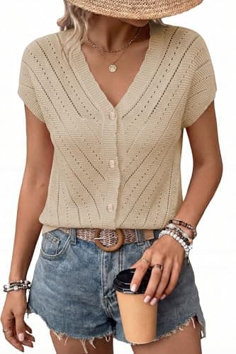 Dokotoo Cruise Outfits for Women Summer Womens 2026 Crochet Tops Short Sleeve Button Down Loose Fit Beach Vacation Clothes Cute Fashion Trendy V Neck Knit Pullover Oversized Tunics,Apricot Small - Image 1