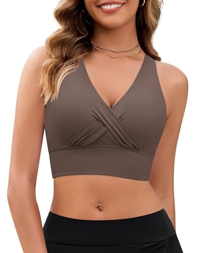GRAPENT Women's Swim Criss Cross Bikini Top Crop Swim Tops for Women Tank Top Bathing Suits for Women Brown Medium Fits US Size 8 to 10 - Image 1