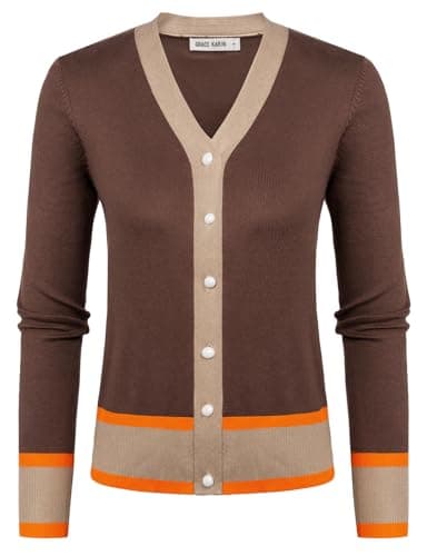 GRACE KARIN Womens Sweater Open Front Cardigan Lightweight Short Cardigan Contrast Striped Sweater Fall Fashion Clothes Contrast Brown,L - Image 1