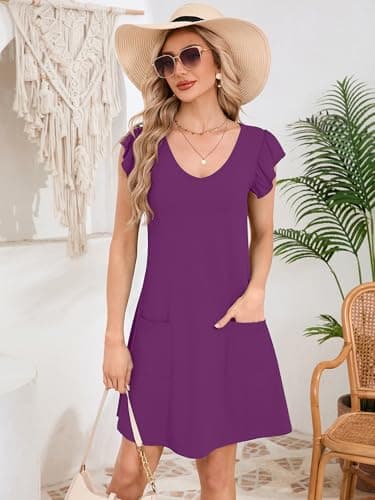 DEARCASE Womens Summer T-Shirt Dresses V Neck Elegant Classy Ruffle Sleeve A-line Tunic Dress 2026 with Pockets Purple XX-Large - Thumbnail 3