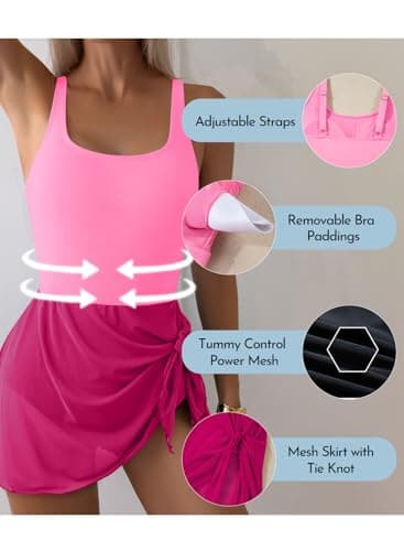 Aleumdr Women's One Piece Swimsuits Tummy Control Swimdress U Neck Tie Knot Bathing Suit with Berifs Color Block Mesh Skirt Athletic Swimwear Summer Beachwear Hot Pink X-Large - Thumbnail 6