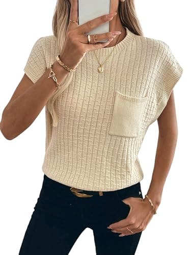 RICHSTORY Womens Cap Sleeve Sweater Vest Crewneck Short Sleeve Sweaters Sleeveless 2026 Spring Fashion Teacher Outfits Summer Clothes Apricot Medium - Image 1