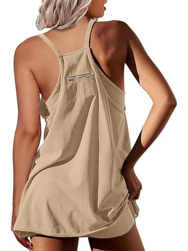 Ebifin Women's Summer Mini Dress Casual Workout Tennis Dress with Shorts Sleeveless Althletic Dresses Khaki - Thumbnail 5