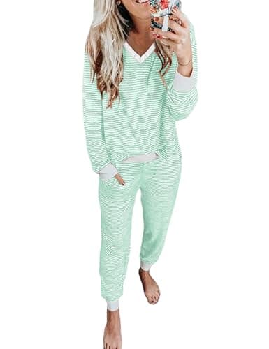 JUSTFASHIONNOW Womens 2 Piece Lounge Sets Cute Long Sleeve Pajama Sets Casual Striped Pjs with Pockets Winter Outfits Cozy Christmas Sleepwear(Green,Large - Thumbnail 4