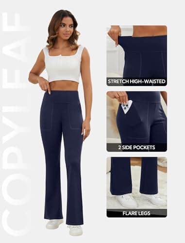 COPYLEAF Flare Leggings for Women High Waisted Yoga Pants with Pockets Workout Gym Work Tummy Control Bootcut Leggings(Navy Blue M) - Thumbnail 5