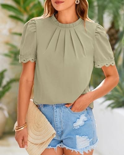 BTFBM Women Blouses 2026 Dressy Casual Summer Tops Mock Neck Lace Trim Short Sleeve Business Work Shirts Spring Clothes(Light Green, Large) - Thumbnail 4