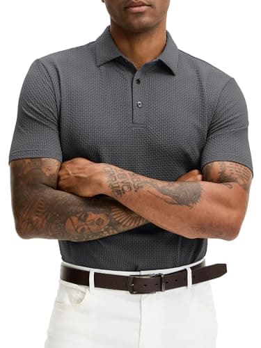JEMLDL Men's Jacquard Collared Short Sleeve Polo Shirts Breathable Summer Breeze Golf Polo Shirts Dark Gray XXL - Image 1