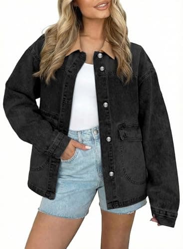 EVALESS Women's Oversized Jean Jacket Button Down Contrast Trim Barn Jackets Spring Fashion 2026 Trendy Boyfriend Denim Jacket Classic Long Sleeve Shacket Coat With Pockets Black Large - Image 1