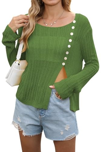 Women Lightweight Sweater Summer Y2k Asymmetrical Button High Split Hem Crochet Sweaters Green XL - Image 1