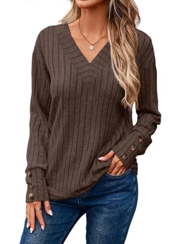 Dokotoo Oversized Sweaters for Women Fall Clothes Lightweight Sweater V Neck Long Sleeve Tunic Womens Tops Loose Striped Blouses Shirts for Women Casual Outfits Plus Size Winter Clothes Brown 2XL - Image 1