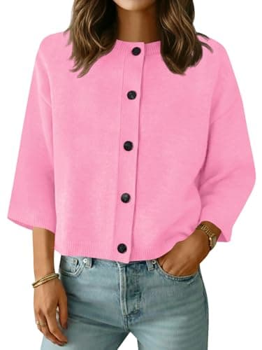 Saodimallsu Womens Short Sleeve Cardigan Sweaters Crew Neck Button Down Lightweight Casual Summer Knit Tops Pink - Image 1