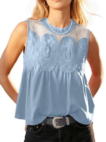 Funlingo Women Lace-Detail Flared Blouse Crew Neck Lace Poplin Mesh Swing Tank Tops Sleeveless Babydoll Shirt Elegant Summer Outfits Light Blue S - Image 1