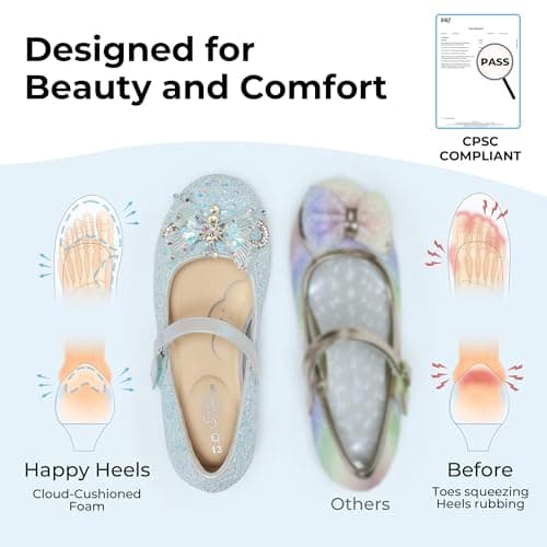 PATPAT Girls Dress Shoes Size 4 Big Kid, Baby Blue Glitter Shoes with Butterfly Hair Clips, Sequins Rhinestones Bowknot Princess Low Heels Mary Jane Footwear Heels for Girls Dress Up - Thumbnail 4