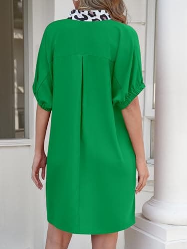 Wenrine Women Summer Shirt Dress Short Batwing Sleeve V Neck Leopard Loose Beach Cover Up Shift Tunic Short Mini Dresses - Thumbnail 5