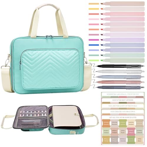 Xihan Waterproof Bible Bag for Women With Detachable Case,Quilted Bible Bag with Leather Handle,Bible Journaling Kit: 5 Pens, 12 Highlighters, 72 Tabs,Christian Travel Carrier (Green) - Image 1