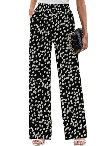 Heymoments Women Wide Leg Pants Black Leopard Small High Waist Loose Casual Pants Adjustable Tie Knot Belted Long Straight Trousers with Pockets - Image 1