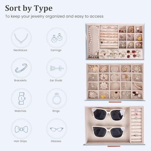 Dajasan Jewelry Organizer Box, Jewelry Storage Organizer with 2 Drawers, 3-Tier Large Jewelry Gift Box for Women, Girls, Friends, Wife or Mother, Gift Idea (Smoky Blue) - Thumbnail 3