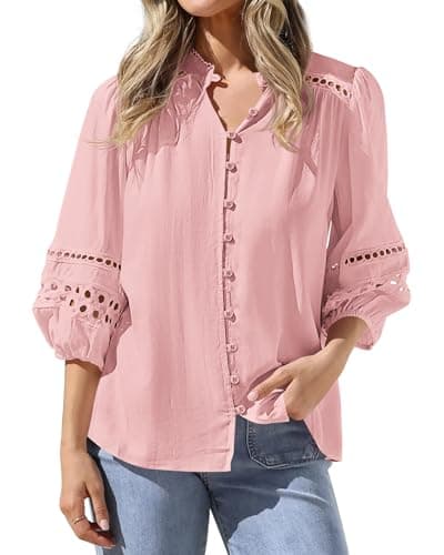 BTFBM 3/4 Length Sleeve Womens Tops Summer Blouses Eyelet Hollow Out Button Down Shirts Business Casual Outfits 2026(Pink, XX-Large)