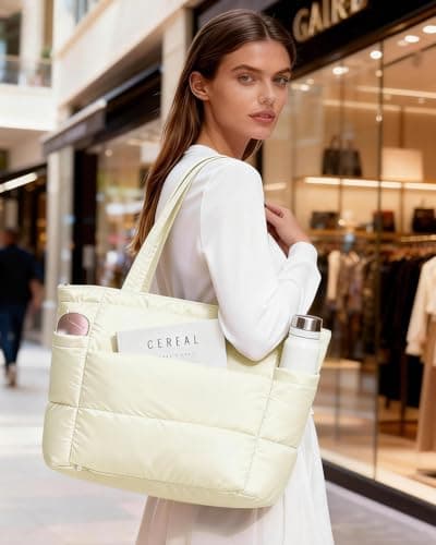 Moyad Travel Tote Bag for Women, Quilted Puffer Purse Lightweight Puffy Handbag for Nurse Teacher Gym Daily Use, Beige - Thumbnail 2