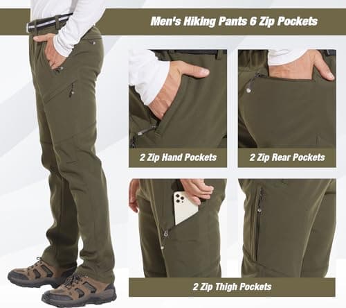 MOURCE Mens Ski Pants Outdoor Cold Weather, Fleece Lined Hiking Snow Pants Men UPF 50+, Army Green XL - Thumbnail 5