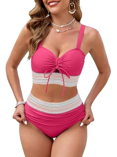 VIAURBE Women High Waisted Bikini Sets Swimsuits Color Block Two Piece Drawstring Bathing Suit Hot Pink 2XL - Image 1