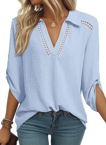 Dokotoo Tops for Women Trendy 2025 Business Casual Outfits Cute V Neck Dressy Blouses 3/4 Sleeves Shirts Summer Lace Neck Hollow Outfits Women Clothing Shirts,Sky Blue Large - Image 1