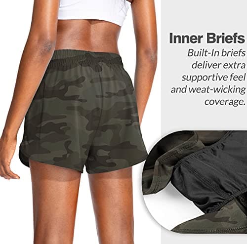 Soothfeel Womens Running Shorts with Zipper Pockets High Waisted Athletic Gym Workout Shorts for Women with Liner (Green Camo, XX-Large) - Thumbnail 3