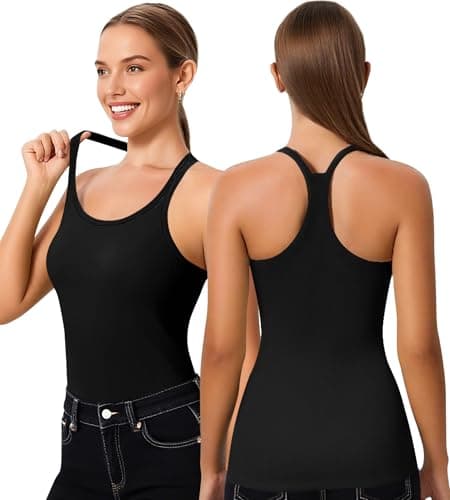ZYQEXA Workout Tank Tops for Women with Built in Bra, Loose Sleeveless Gym Tops Seamless Racerback Athletic Yoga Shirts, Black, L - Image 1