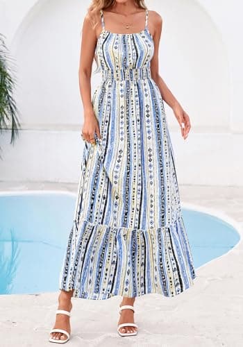 BTFBM Summer Dresses for Women 2026 Sleeveless Spaghetti Strap High Waist Boho Beach Vacation Clothes Spring Maxi Dress(Print Blue Apricot, Large) - Thumbnail 2