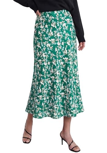 BTFBM Satin Skirts for Women Trendy Spring Summer 2026 High Waisted Leopard Print Cocktail Wedding Long Silk Midi Skirt(Floral Green White, X-Large) - Image 1