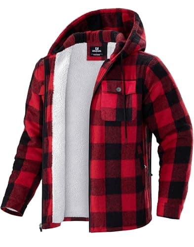 G Gradual Men's Flannel Jacket Fleece Sherpa Lined Hoodies Zip Up Plaid Shirt Warm Winter Jackets for Men with Zipper Pockets(Black Red,XXL) - Image 1