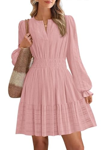BTFBM Mini Dresses for Women 2026 Casual Lightweight Long Sleeve V Neck A Line Elastic Waist Party Holiday Dress(Pink, XX-Large) - Image 1