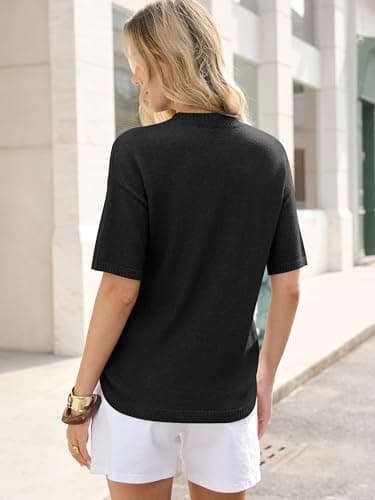 ANRABESS Womens Short Sleeve Sweater Oversized Lightweight Business Casual Tops Crewneck Soft Knit 2026 Spring Summer Outfits Black X-Large - Thumbnail 5